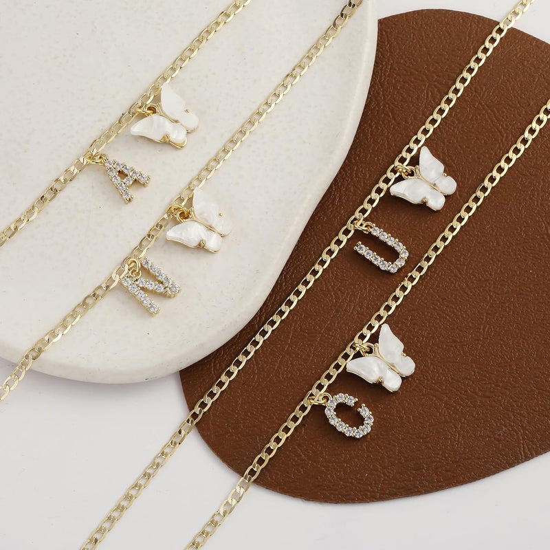 VIROMY 14K Gold Plated Dainty Butterfly Initial Ankle Bracelets Handmade Cuban Chain White Butterfly A-Z Alphabet Letter Initial Anklets Personalized Summer Beach Jewelry Gifts for Women - Image 5